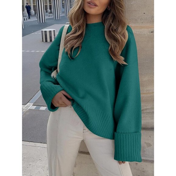 Women's Dark Green Oversized Long Sleeve Casual Fuzzy Knit Sweater - Picture 2 of 8